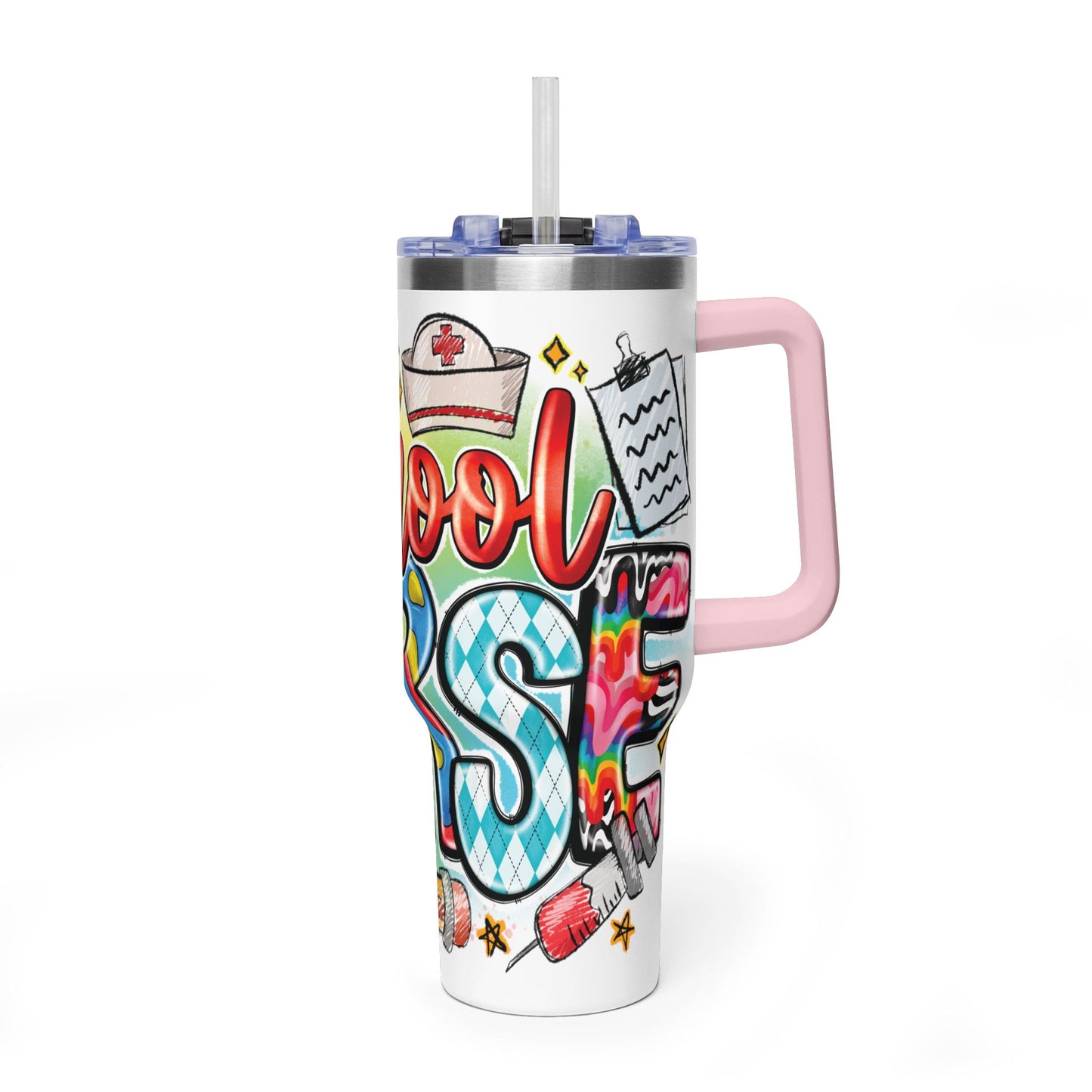 School Nurse 40oz Vacuum Tumbler – Insulated Travel Mug with Handle (School Nurse Design)