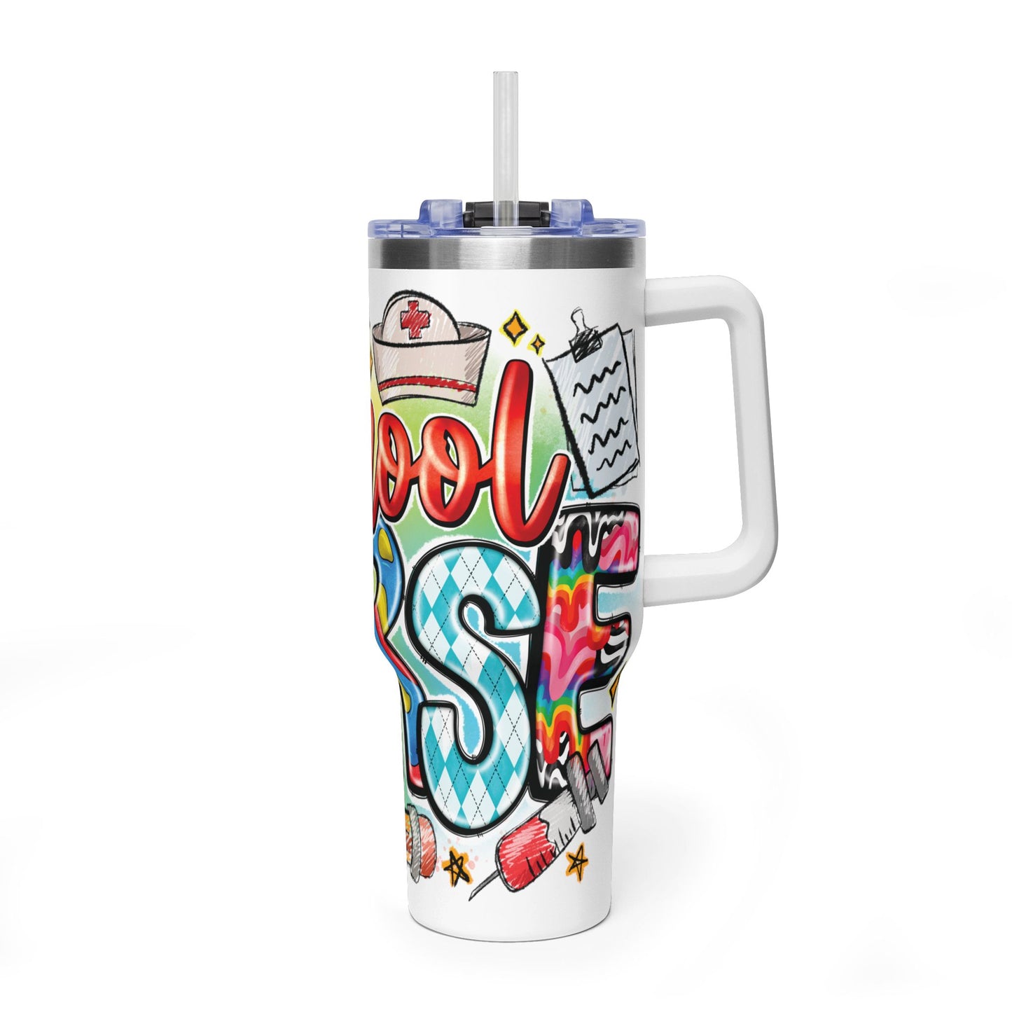 School Nurse 40oz Vacuum Tumbler – Insulated Travel Mug with Handle (School Nurse Design)