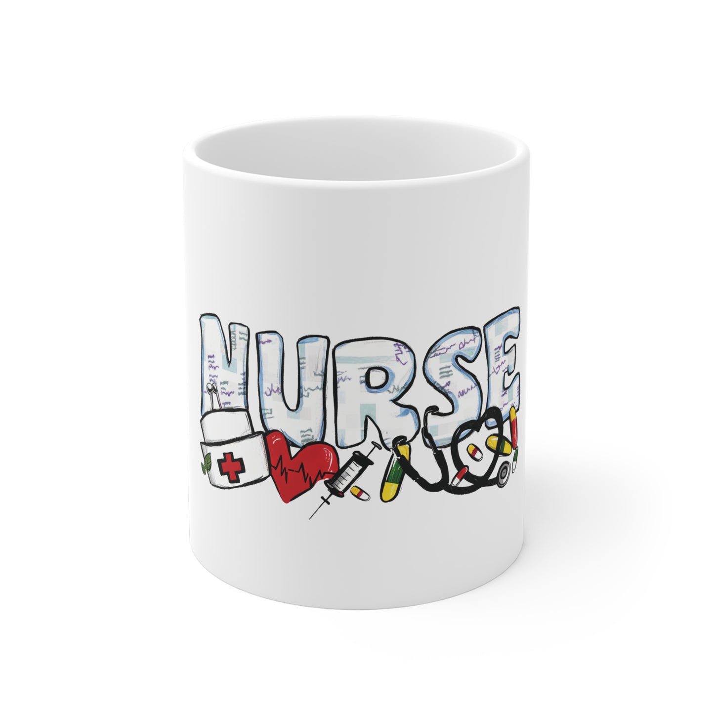 Nurse Illustrated Ceramic Mug — Cute Medical Icons Coffee Cup for Nurses