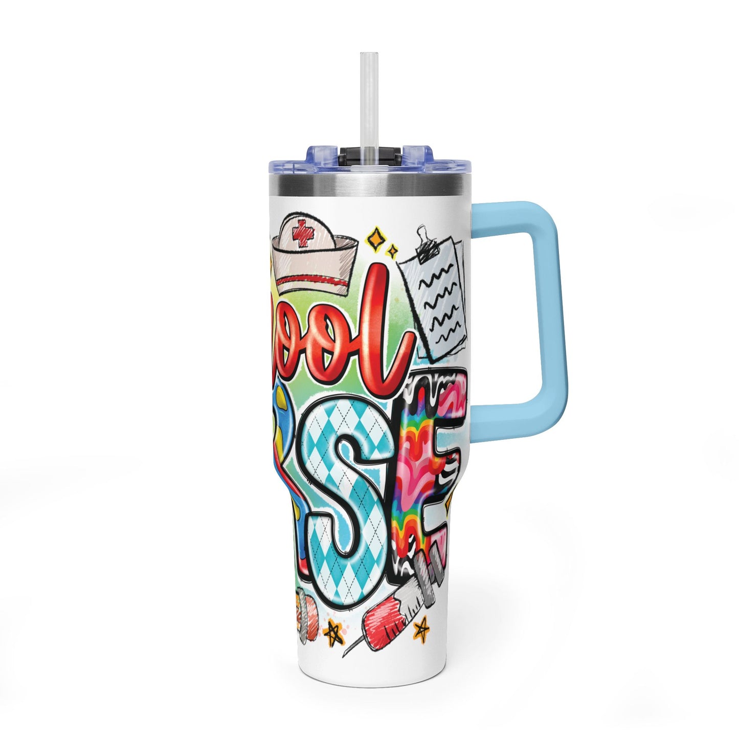 School Nurse 40oz Vacuum Tumbler – Insulated Travel Mug with Handle (School Nurse Design)