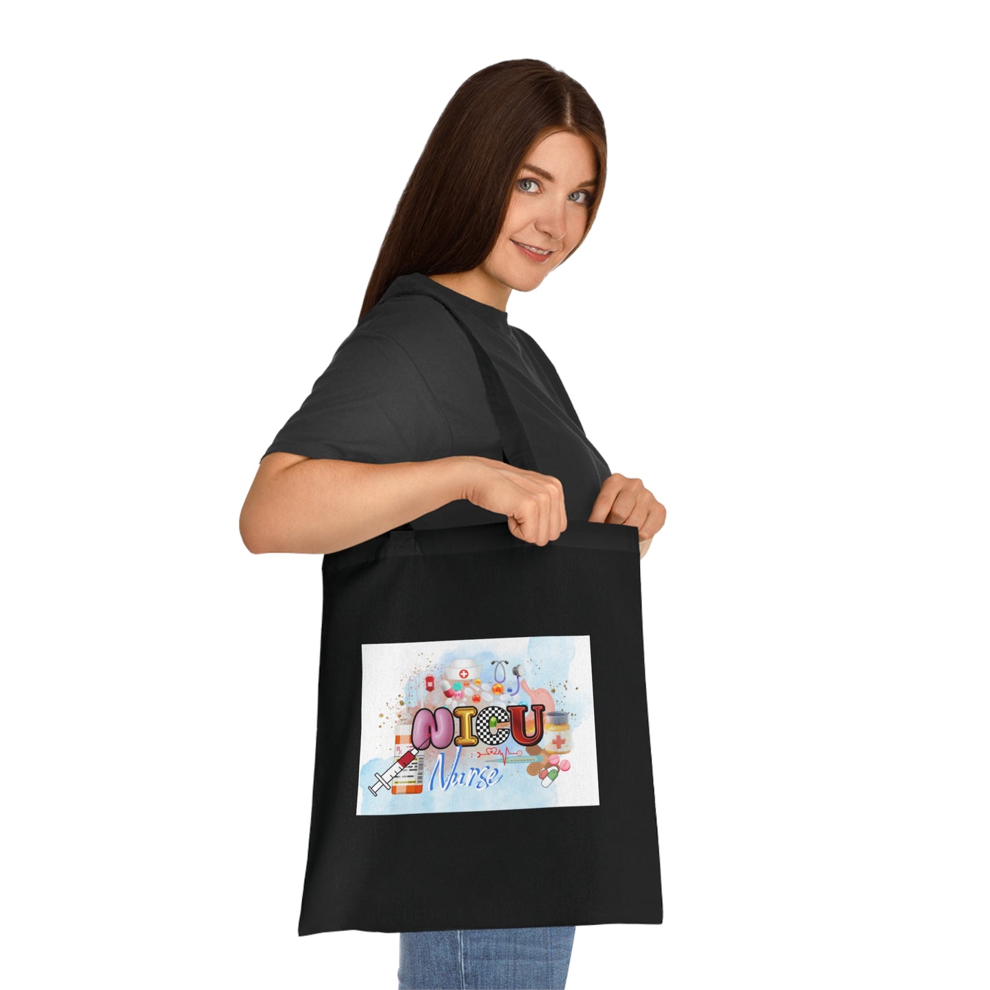NICU Nurse Cotton Tote — Cute Neon Letters Baby Care Tote Bag for Healthcare Workers