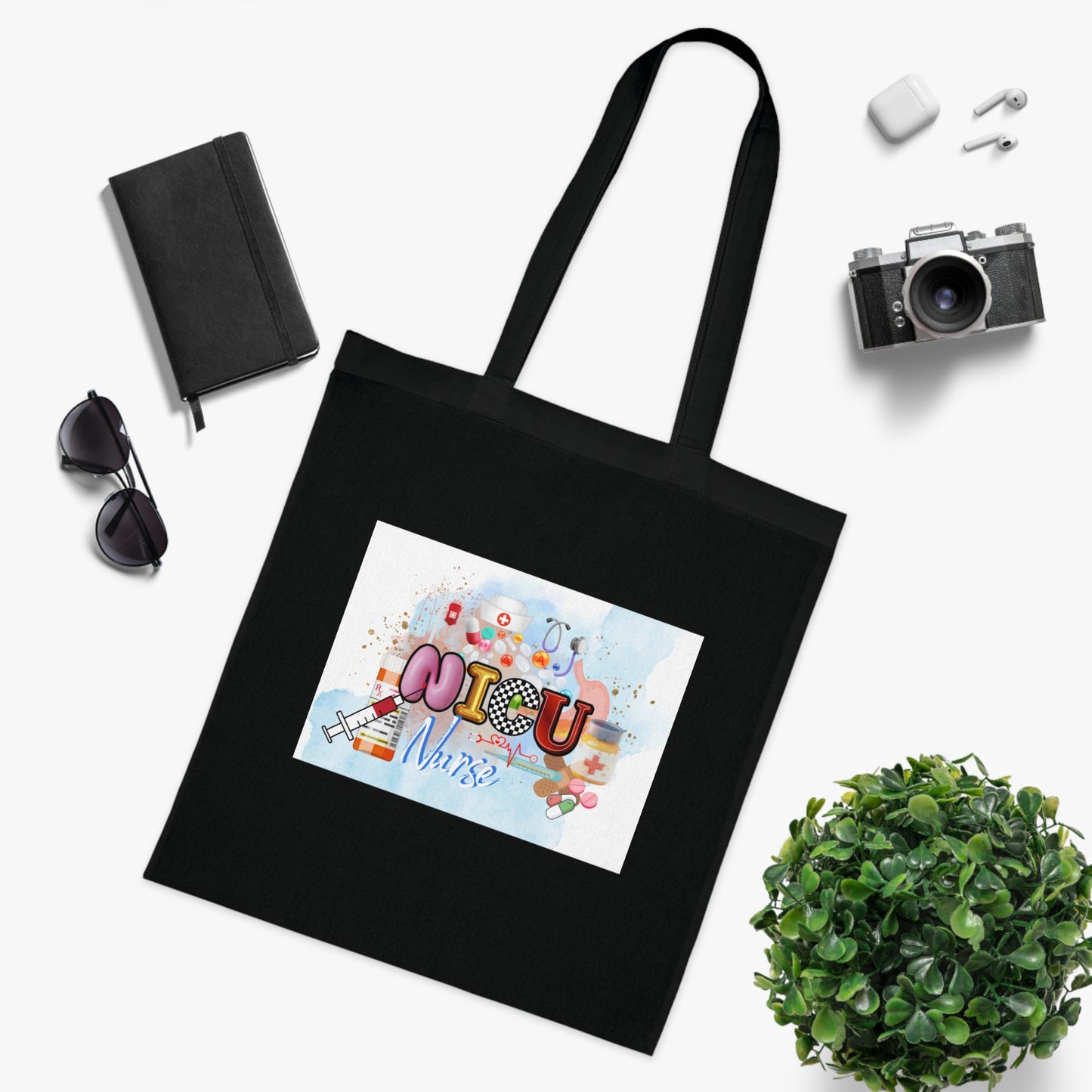 NICU Nurse Cotton Tote — Cute Neon Letters Baby Care Tote Bag for Healthcare Workers