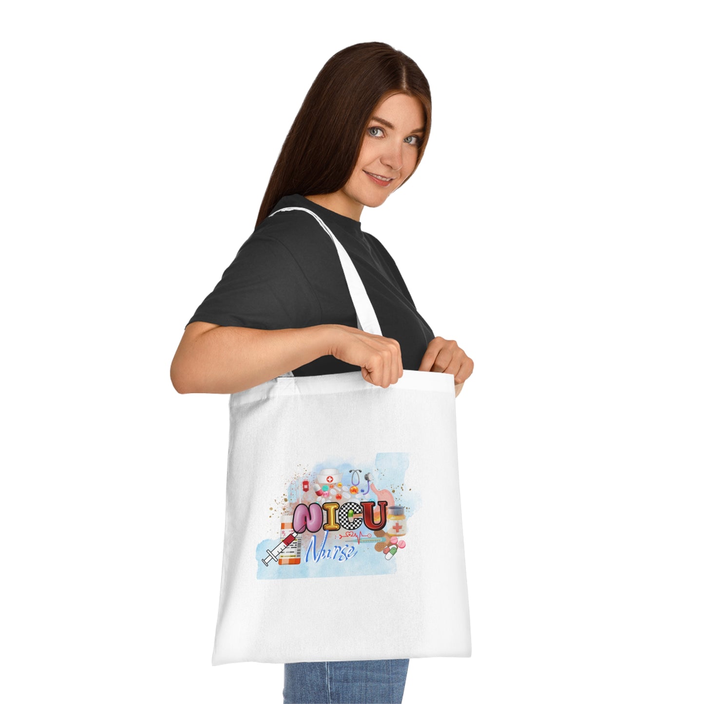 NICU Nurse Cotton Tote — Cute Neon Letters Baby Care Tote Bag for Healthcare Workers