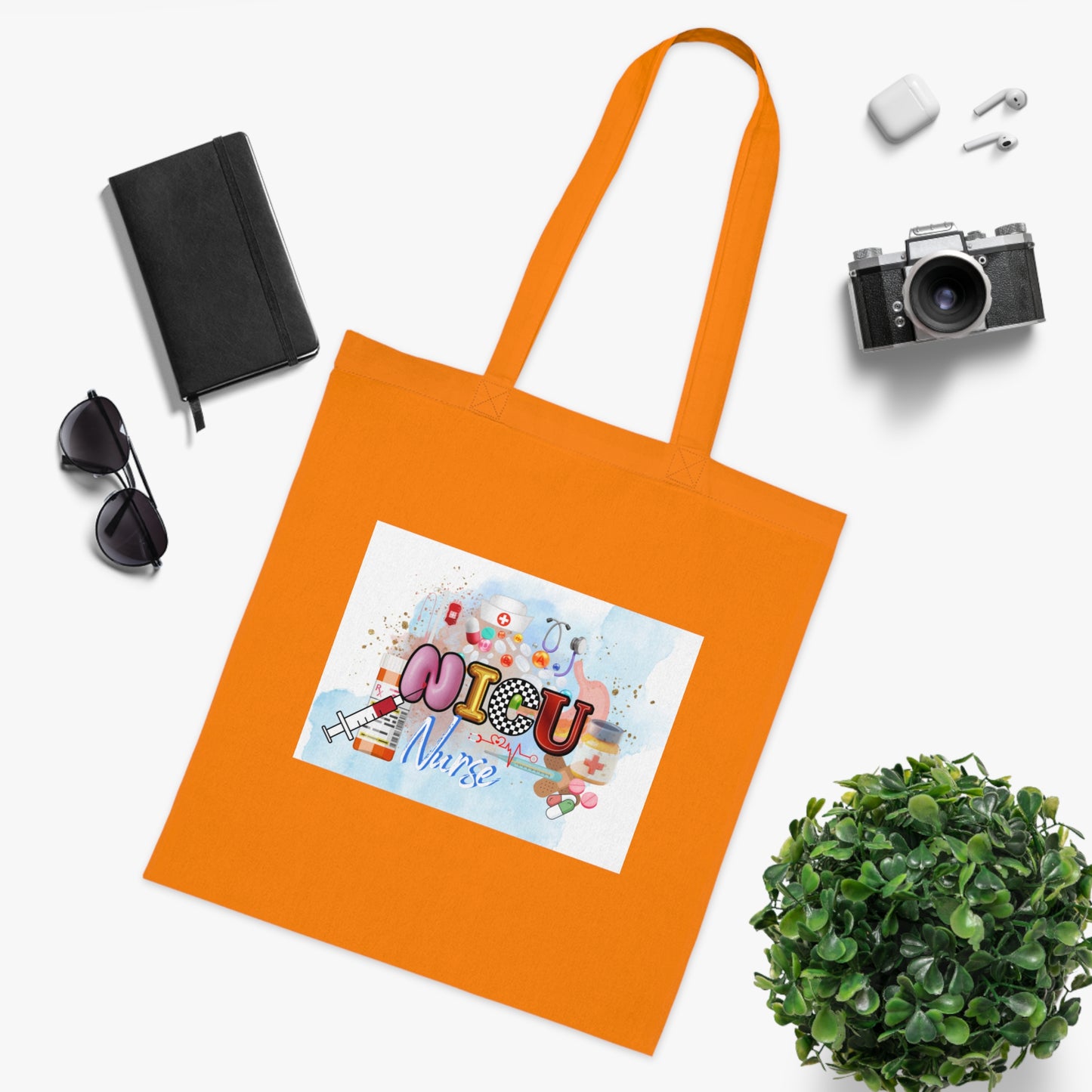 NICU Nurse Cotton Tote — Cute Neon Letters Baby Care Tote Bag for Healthcare Workers