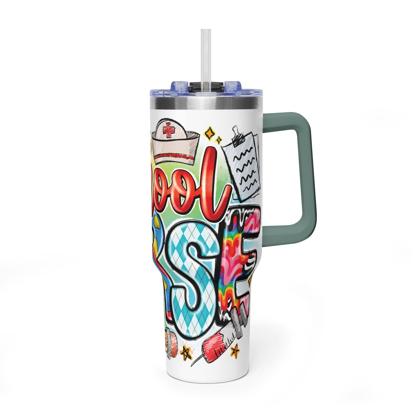 School Nurse 40oz Vacuum Tumbler – Insulated Travel Mug with Handle (School Nurse Design)