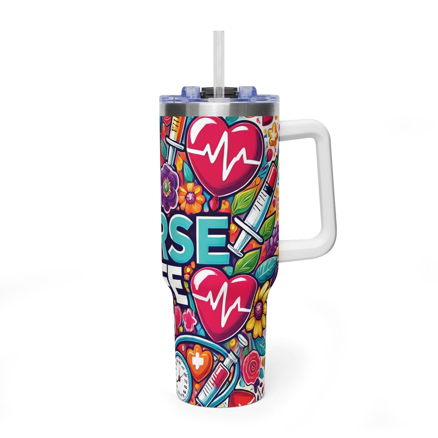 Nurse Life 40oz Vacuum Tumbler — Colorful Floral Medical Travel Mug