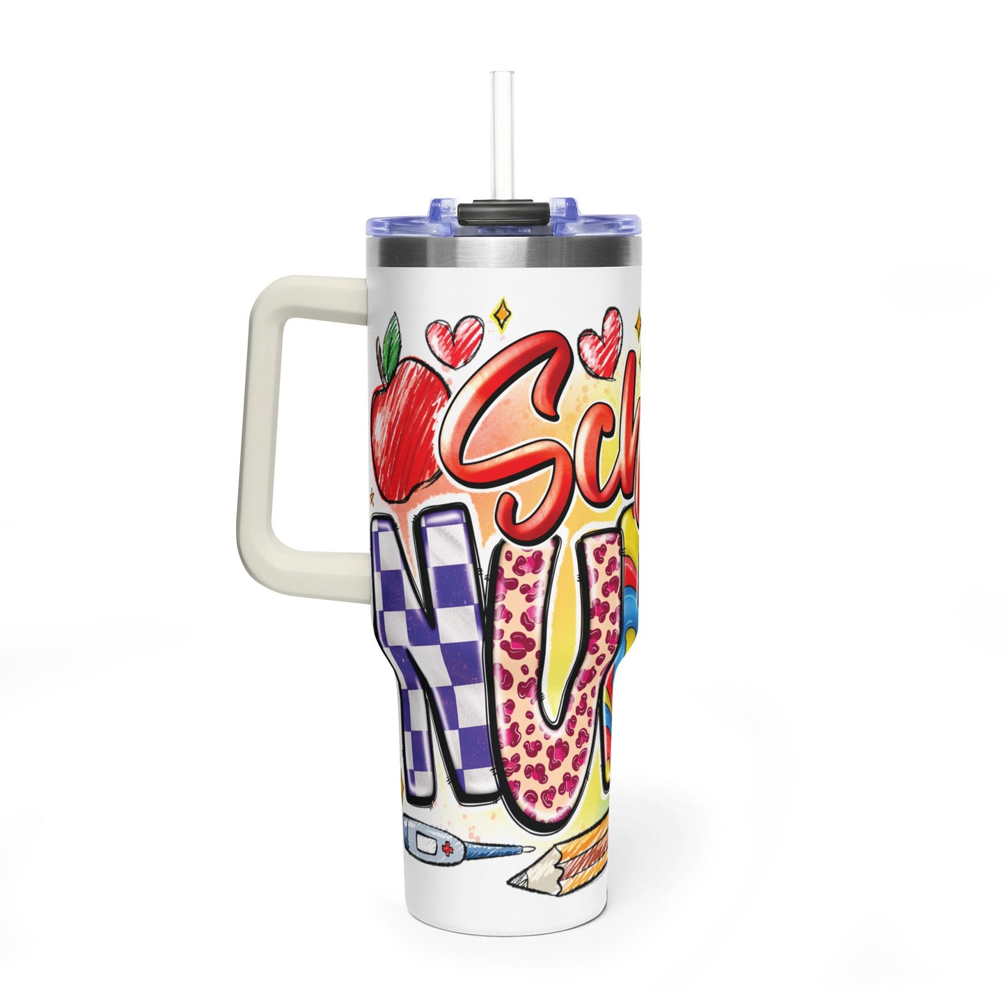School Nurse 40oz Vacuum Tumbler – Insulated Travel Mug with Handle (School Nurse Design)