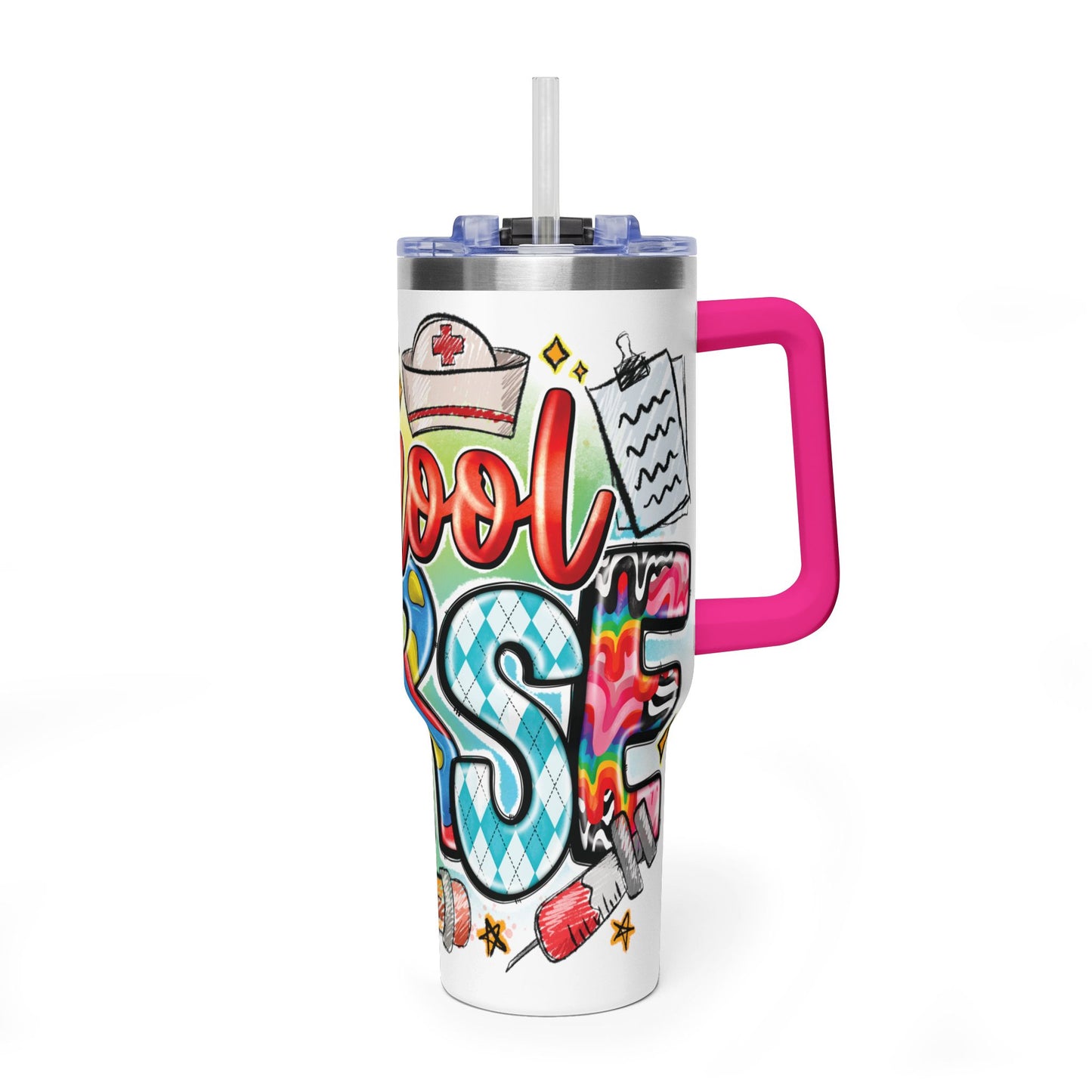 School Nurse 40oz Vacuum Tumbler – Insulated Travel Mug with Handle (School Nurse Design)