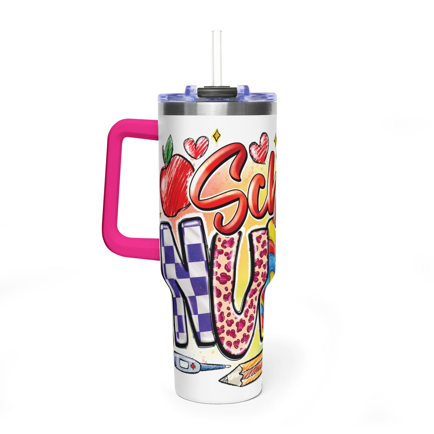 School Nurse 40oz Vacuum Tumbler – Insulated Travel Mug with Handle (School Nurse Design)
