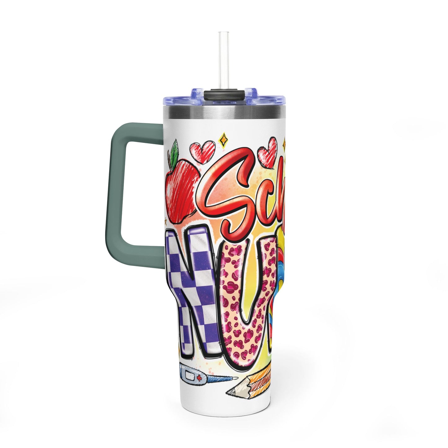School Nurse 40oz Vacuum Tumbler – Insulated Travel Mug with Handle (School Nurse Design)