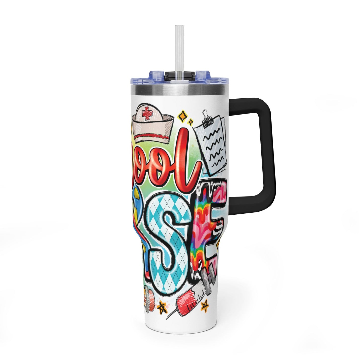 School Nurse 40oz Vacuum Tumbler – Insulated Travel Mug with Handle (School Nurse Design)