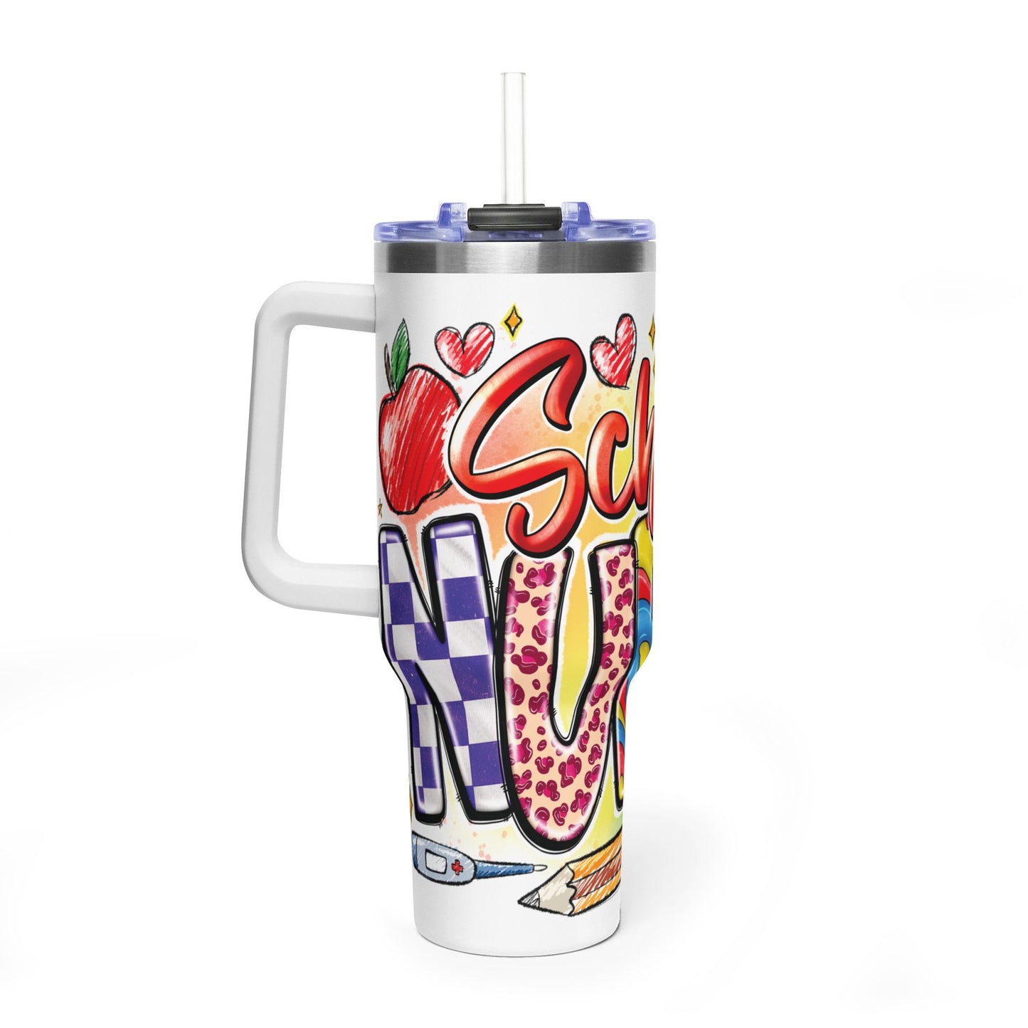 School Nurse 40oz Vacuum Tumbler – Insulated Travel Mug with Handle (School Nurse Design)