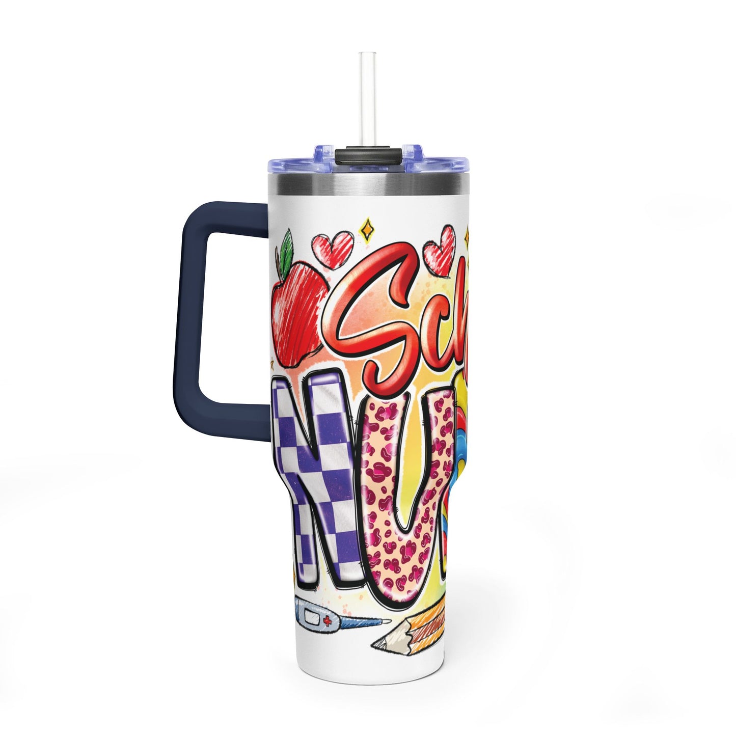 School Nurse 40oz Vacuum Tumbler – Insulated Travel Mug with Handle (School Nurse Design)