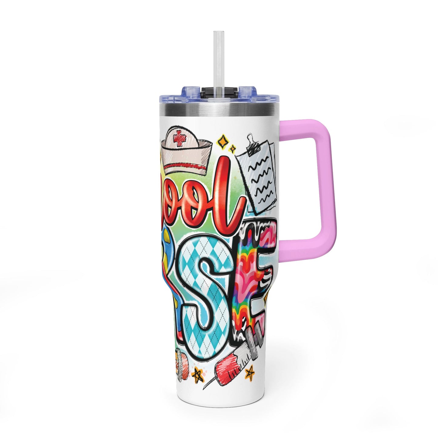 School Nurse 40oz Vacuum Tumbler – Insulated Travel Mug with Handle (School Nurse Design)