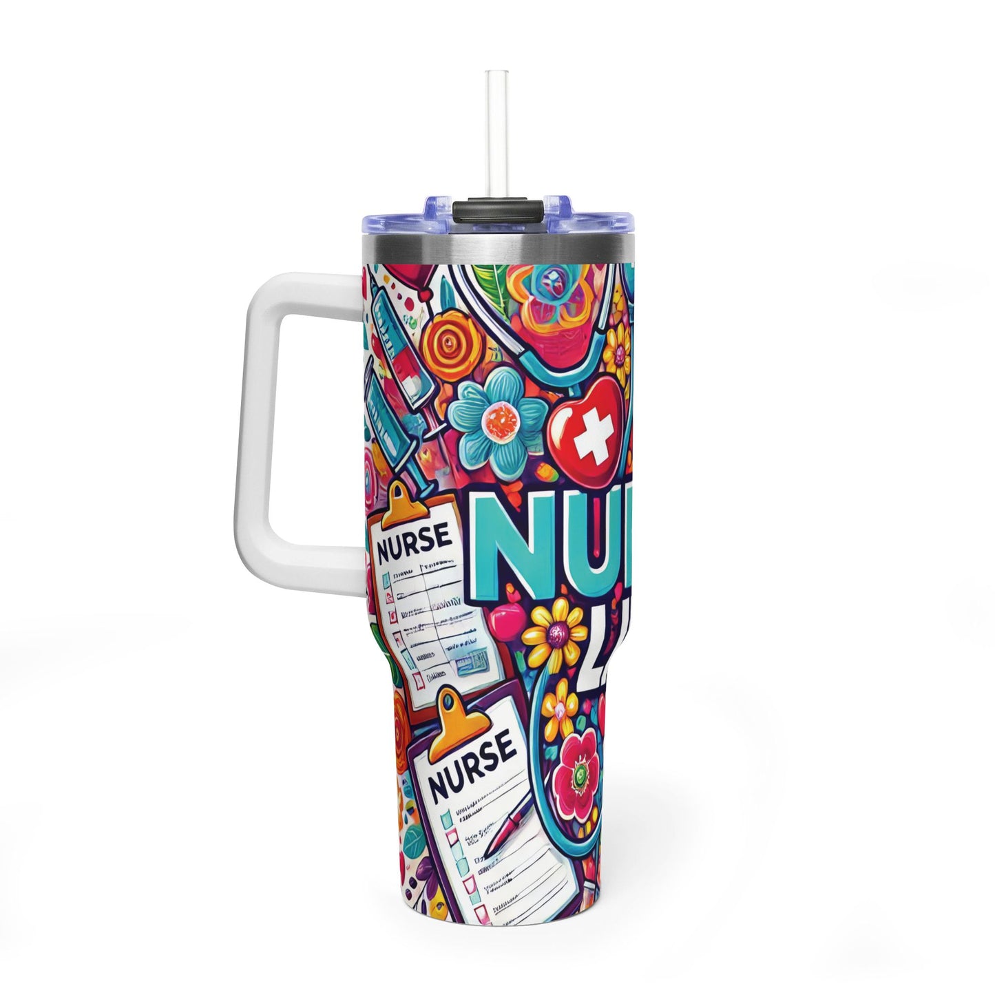 Nurse Life 40oz Vacuum Tumbler — Colorful Floral Medical Travel Mug