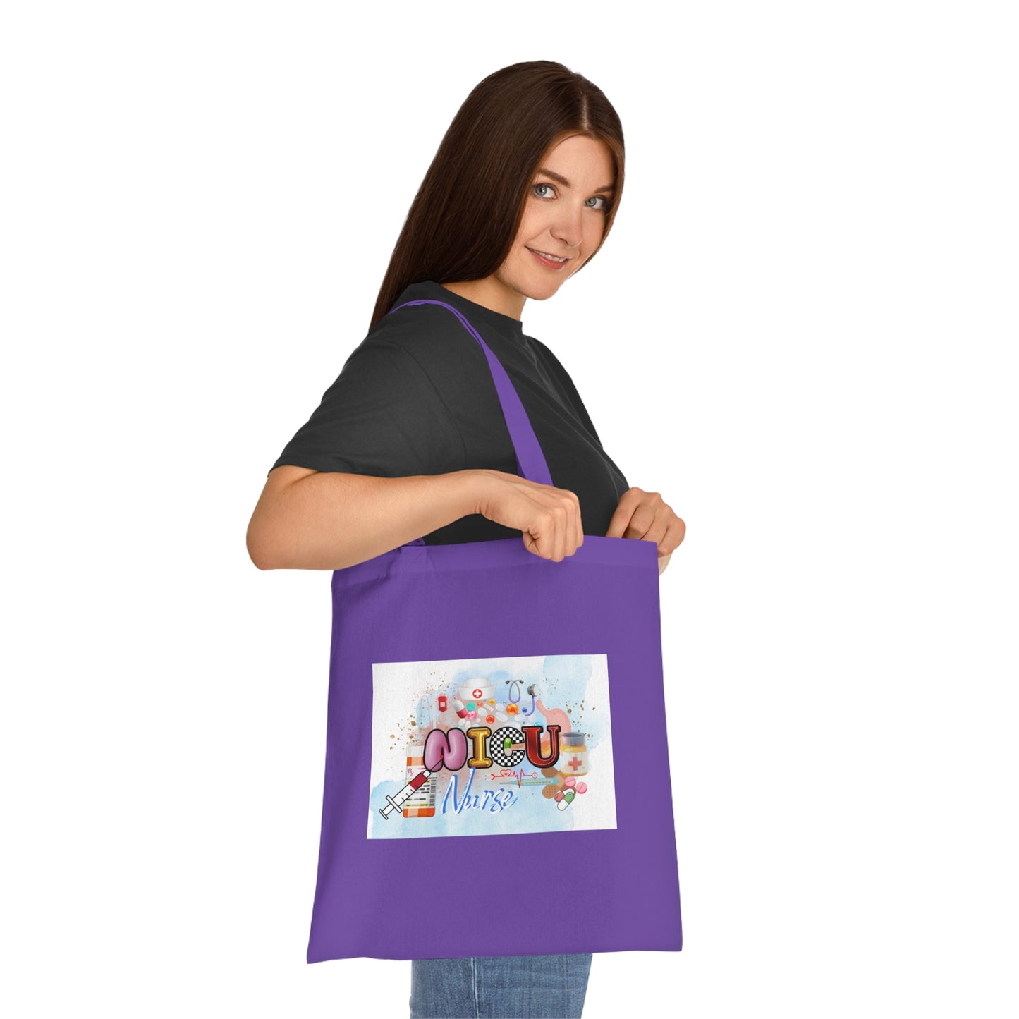 NICU Nurse Cotton Tote — Cute Neon Letters Baby Care Tote Bag for Healthcare Workers