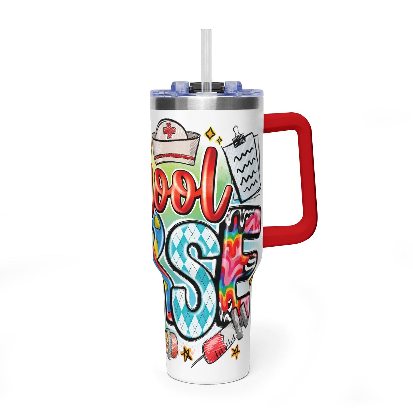 School Nurse 40oz Vacuum Tumbler – Insulated Travel Mug with Handle (School Nurse Design)