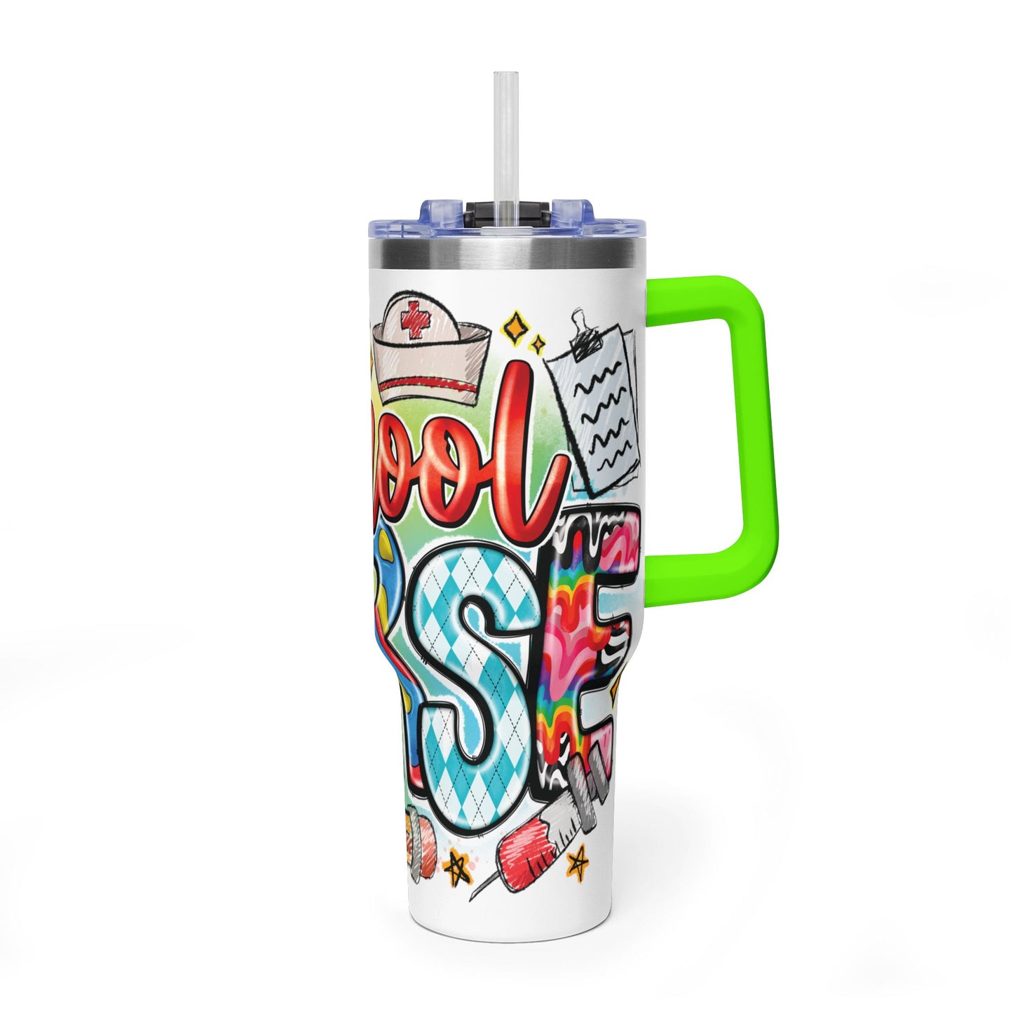 School Nurse 40oz Vacuum Tumbler – Insulated Travel Mug with Handle (School Nurse Design)