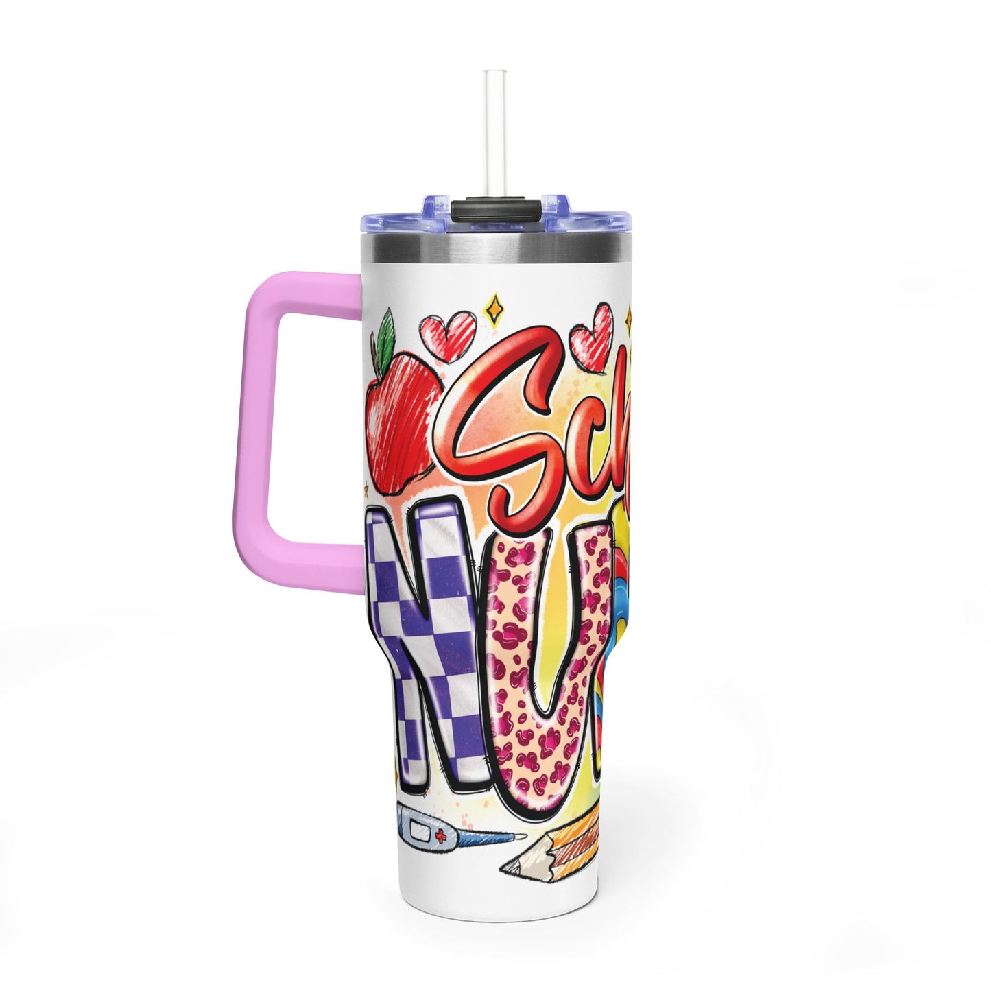 School Nurse 40oz Vacuum Tumbler – Insulated Travel Mug with Handle (School Nurse Design)