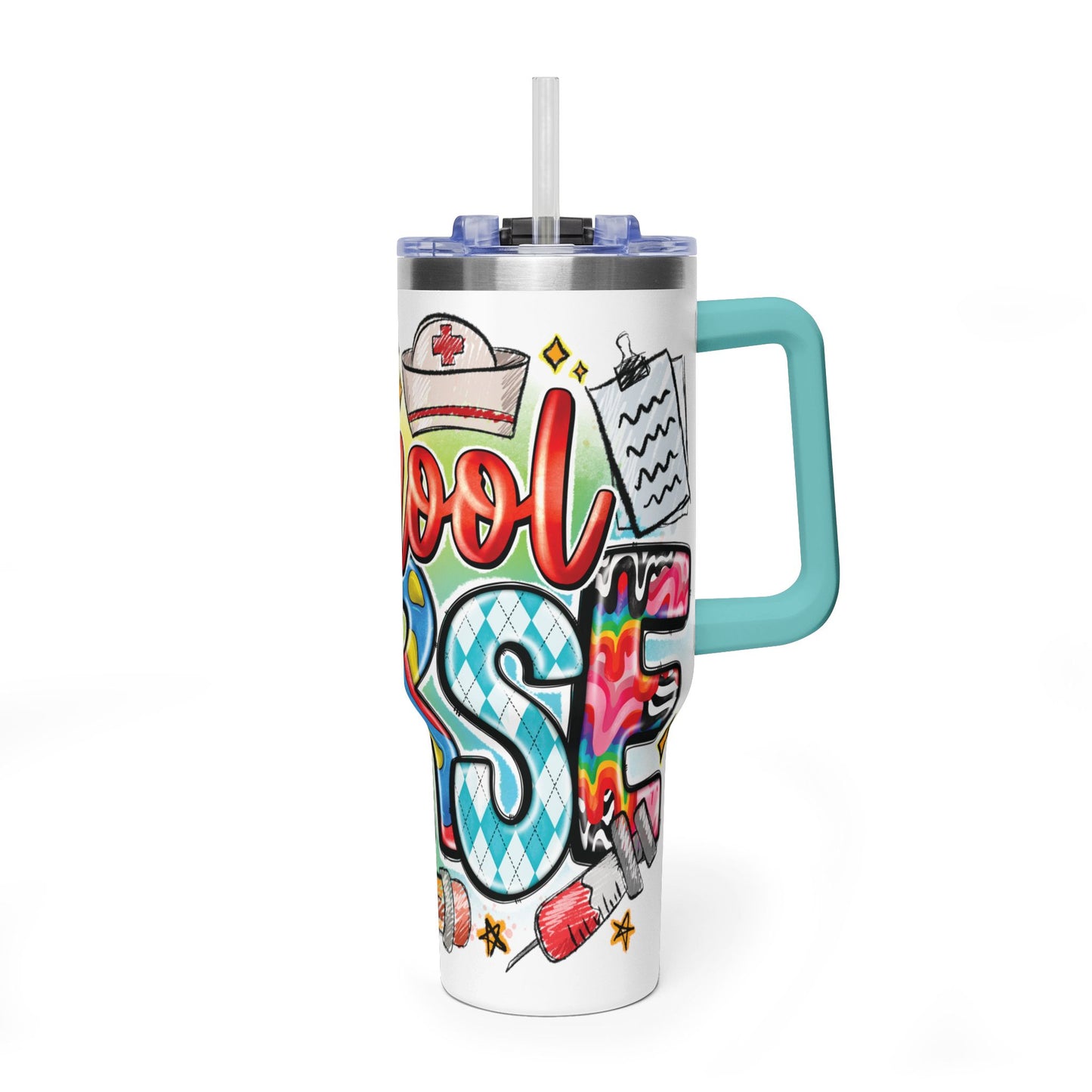 School Nurse 40oz Vacuum Tumbler – Insulated Travel Mug with Handle (School Nurse Design)
