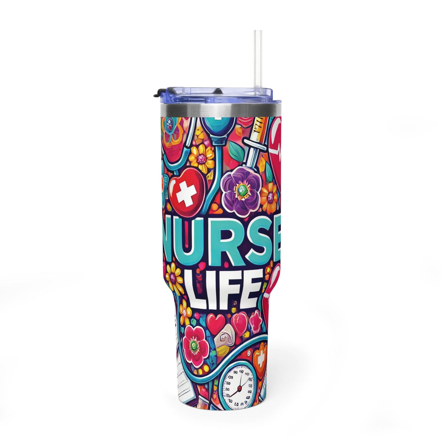 Nurse Life 40oz Vacuum Tumbler — Colorful Floral Medical Travel Mug