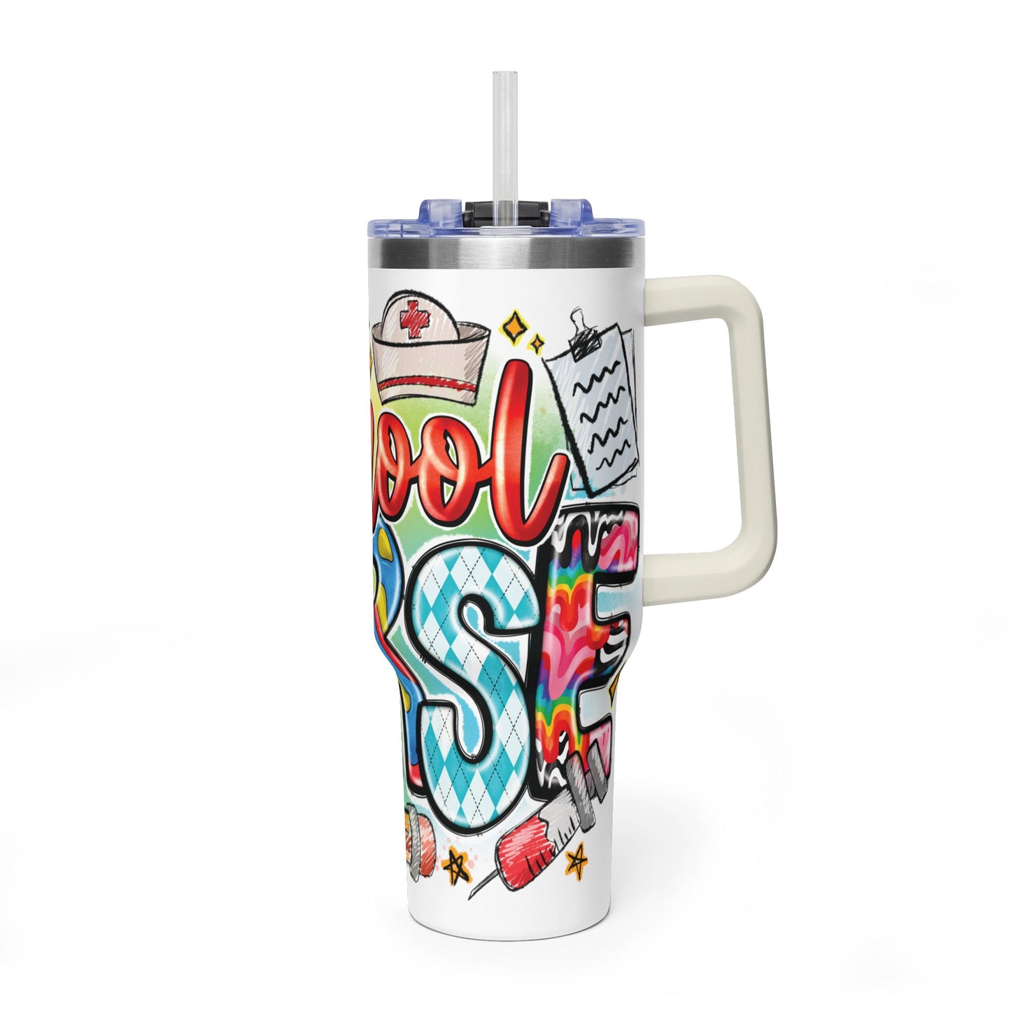 School Nurse 40oz Vacuum Tumbler – Insulated Travel Mug with Handle (School Nurse Design)