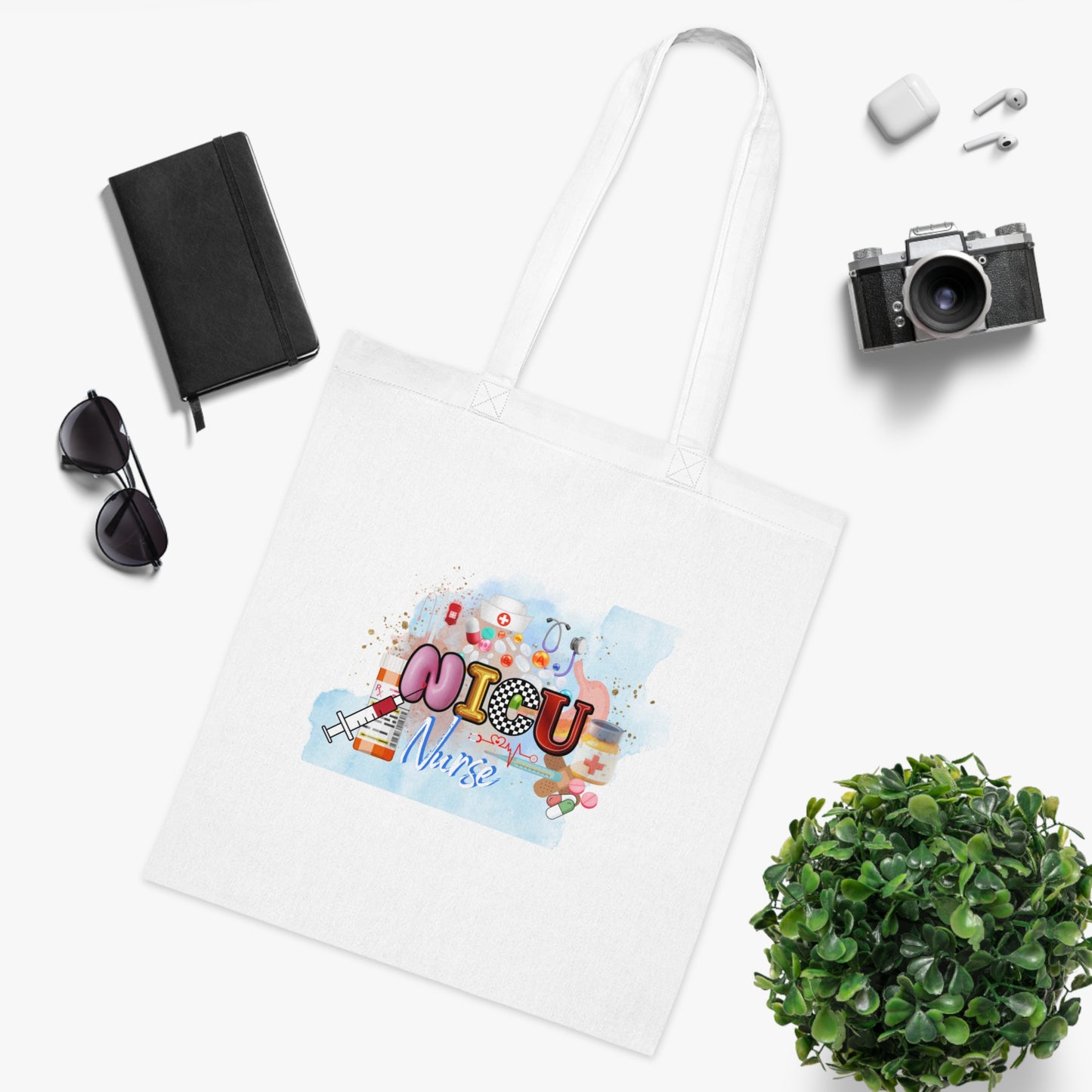 NICU Nurse Cotton Tote — Cute Neon Letters Baby Care Tote Bag for Healthcare Workers