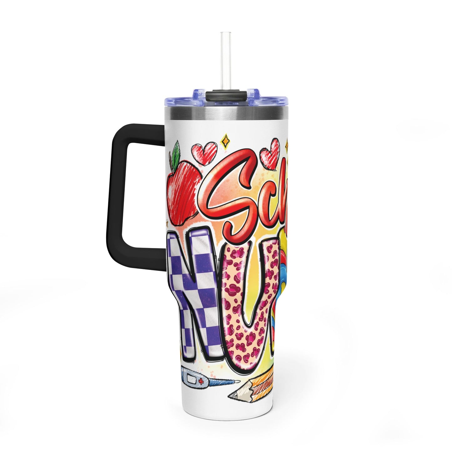 School Nurse 40oz Vacuum Tumbler – Insulated Travel Mug with Handle (School Nurse Design)