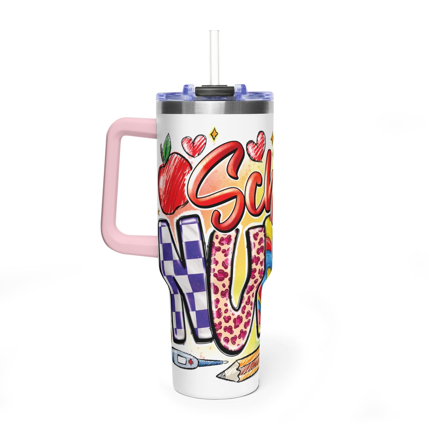 School Nurse 40oz Vacuum Tumbler – Insulated Travel Mug with Handle (School Nurse Design)