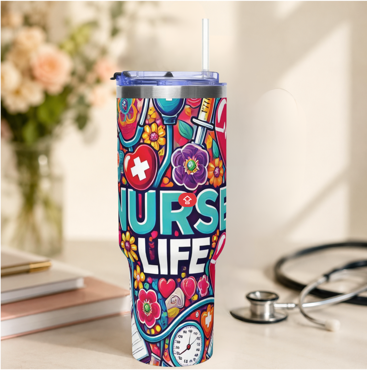 Nurse Life 40oz Vacuum Tumbler — Colorful Floral Medical Travel Mug