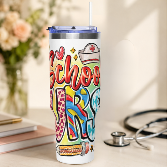 School Nurse 40oz Vacuum Tumbler – Insulated Travel Mug with Handle (School Nurse Design)