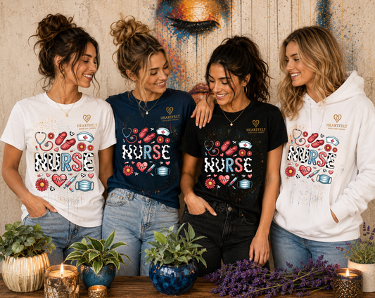 Nurse Heartbeat Graphic Hoodie — Cute Floral & Medical Icons Ladies' Hoodie