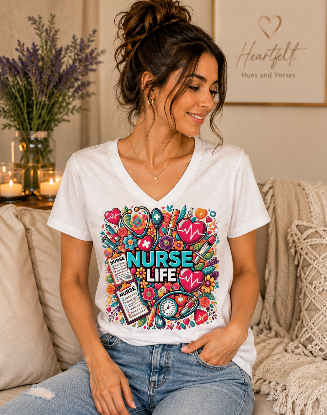 Nurse Life V-Neck Tee — Colorful Nurse Graphic Shirt for Healthcare Heroes
